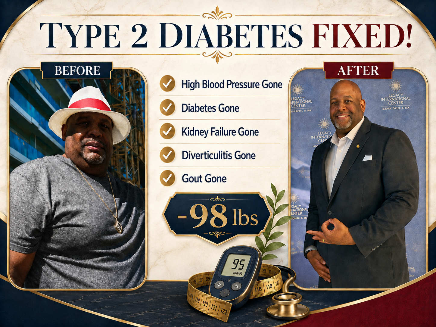 Stop Feeding Diabetes before-and-after customer success story — down 98 lbs.