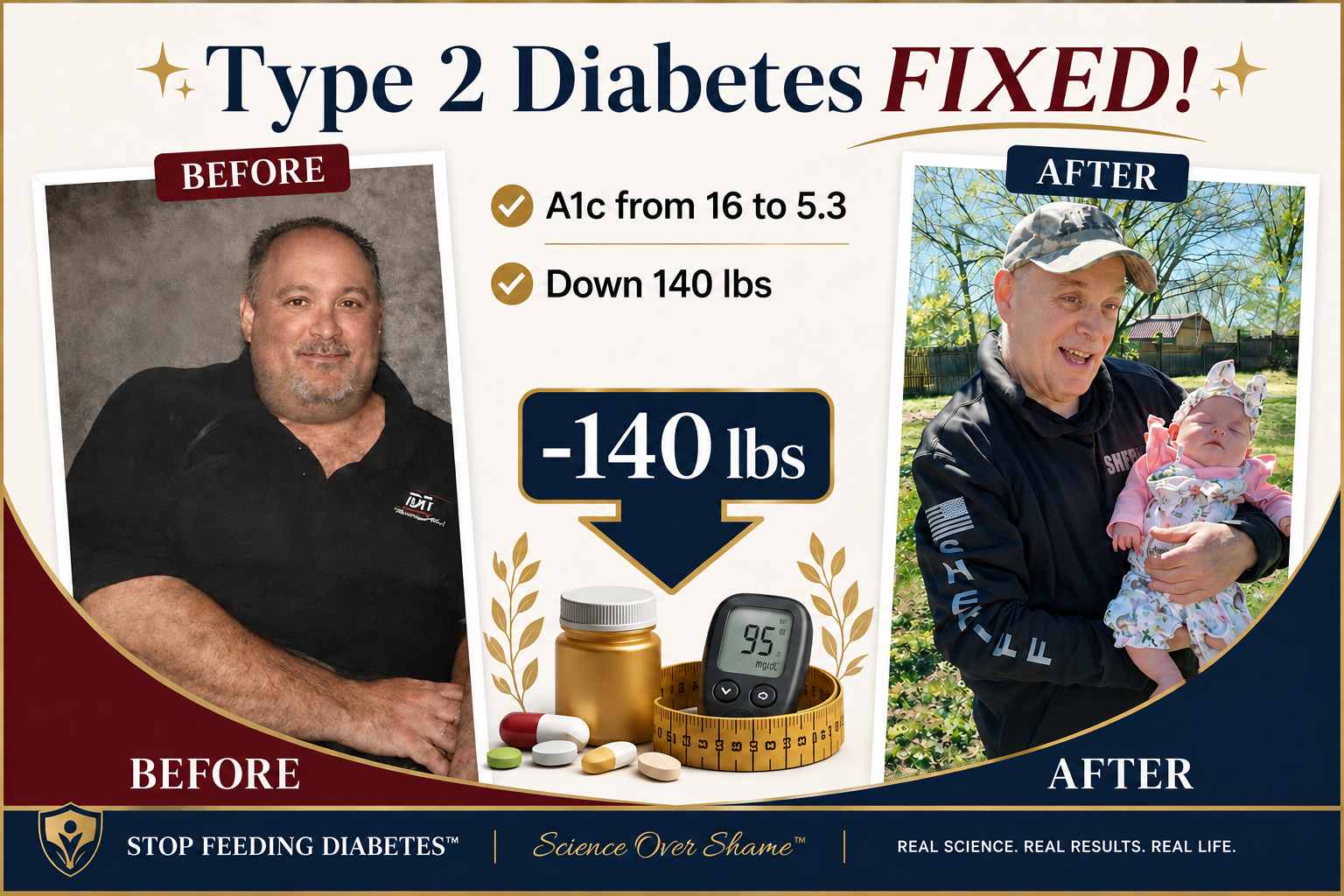 Before and after transformation — A1C from 16 to 5.3, 140 pounds lost